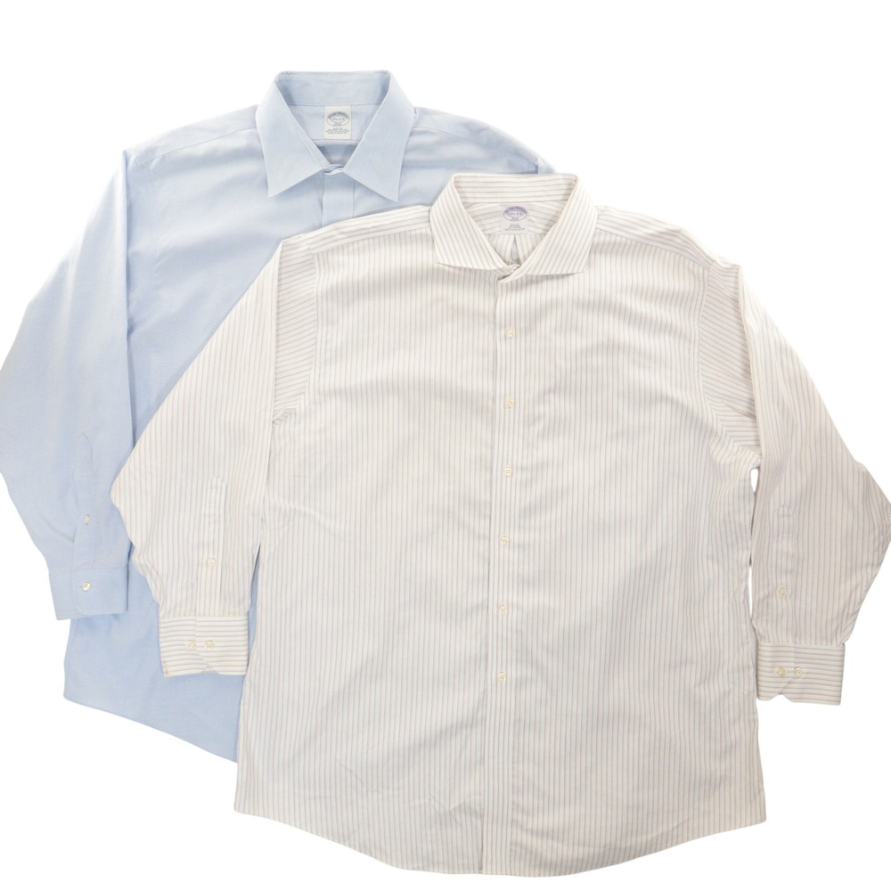 Brooks Brothers Dress Shirts Men 17.5 32/33 Slim Fit Non-Iron Blue White 2 LOT